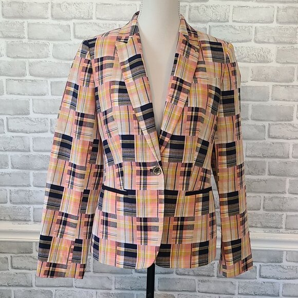 Tommy Hilfiger Patchwork Plaid Blazer Jacket Elbow Patches 8 Preppy Acadamia - Picture 1 of 9
